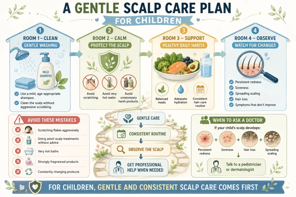 Why does your child have dandruff infographic showing a gentle children's scalp care plan with mild washing, scalp protection, healthy daily habits, symptom monitoring, and when to consult a pediatrician or dermatologist.