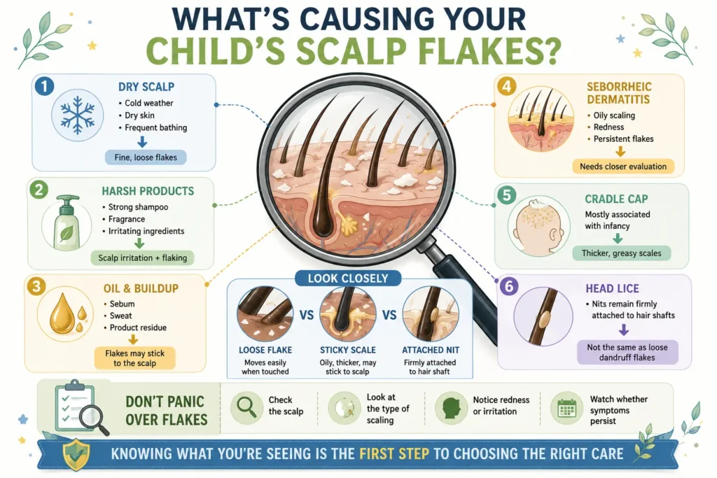 Why does your child have dandruff infographic showing common causes of children's scalp flakes, including dry scalp, harsh hair products, oil buildup, seborrheic dermatitis, cradle cap, and head lice.