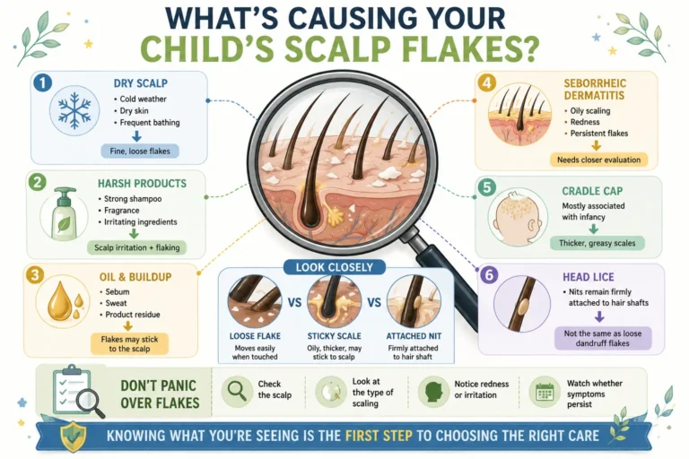 Why does your child have dandruff infographic showing common causes of children's scalp flakes, including dry scalp, harsh hair products, oil buildup, seborrheic dermatitis, cradle cap, and head lice.