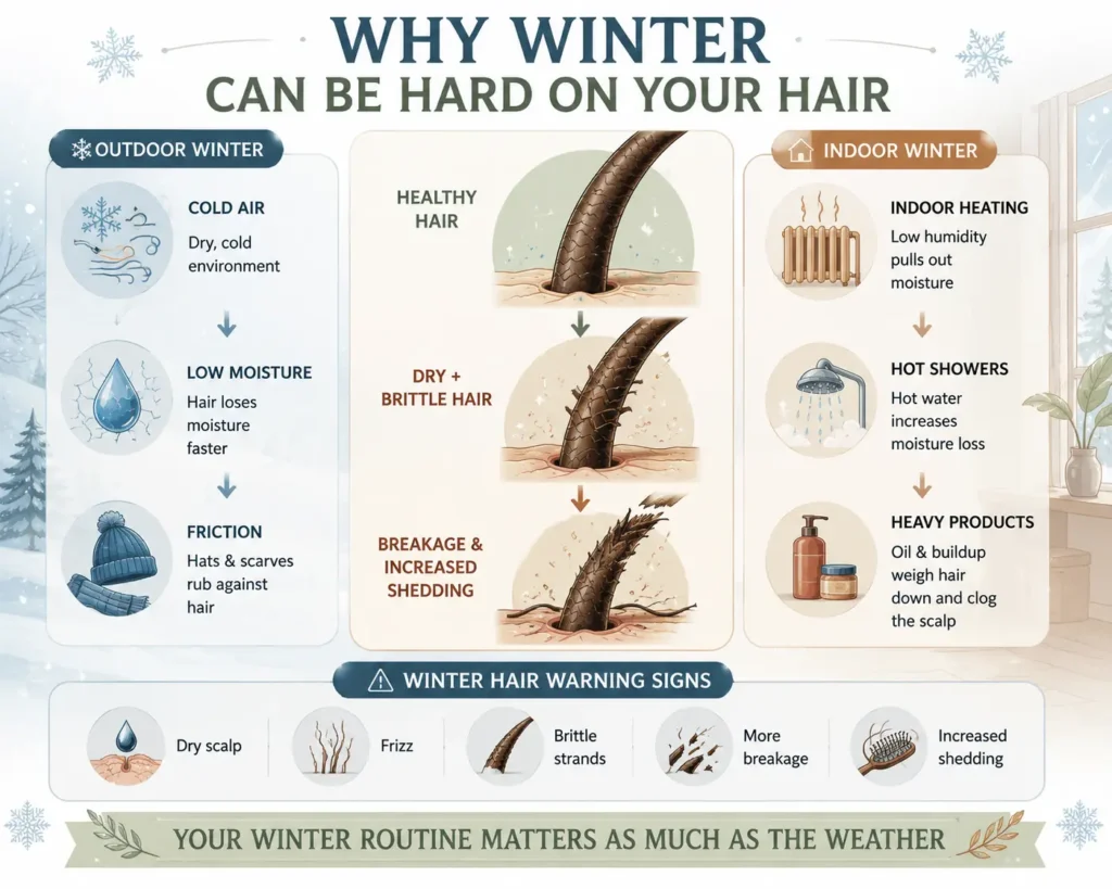 Winter hair care mistakes that cause hair loss infographic showing cold air, low moisture, friction from hats and scarves, indoor heating, hot showers, and heavy products that can contribute to dry hair, breakage, and increased shedding.