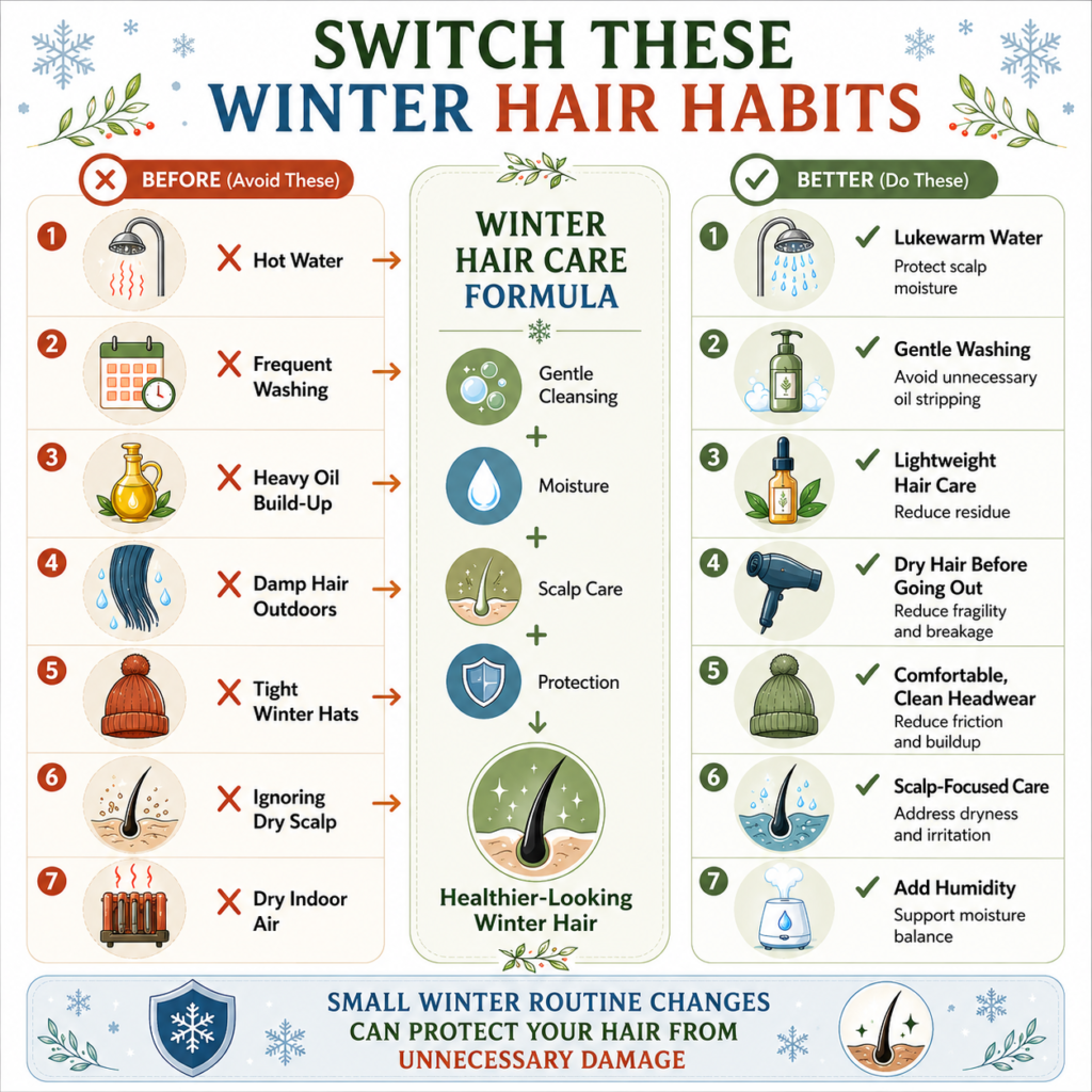 Winter hair care mistakes that cause hair loss infographic showing seven winter habits to avoid and healthier alternatives including lukewarm water, gentle washing, lightweight hair care, dry hair before going outside, comfortable headwear, scalp care, and added humidity.