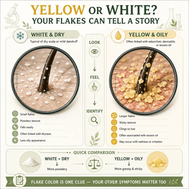 Yellow dandruff instead of white flakes infographic comparing white dry flakes with yellow oily flakes, showing differences in flake size, texture, oiliness, and scalp irritation.