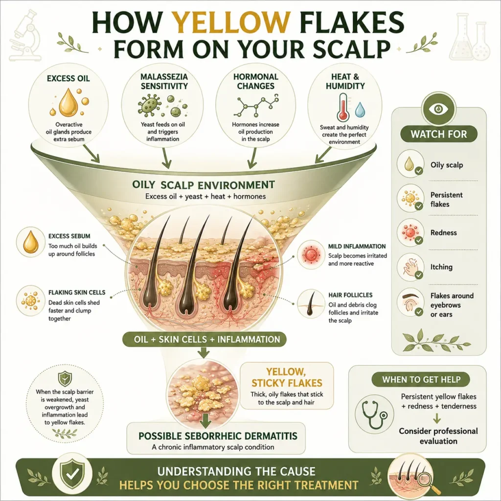 Yellow dandruff infographic showing how excess oil, Malassezia sensitivity, hormonal changes, and heat and humidity can combine to cause yellow sticky flakes and possible seborrheic dermatitis.