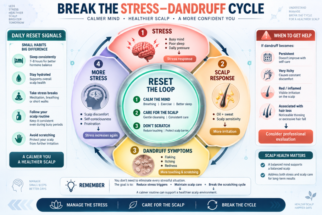 Does stress make dandruff worse infographic showing the stress-dandruff cycle, including stress, scalp oil and sweat, irritation, flaking, scratching, and practical ways to reset the cycle.