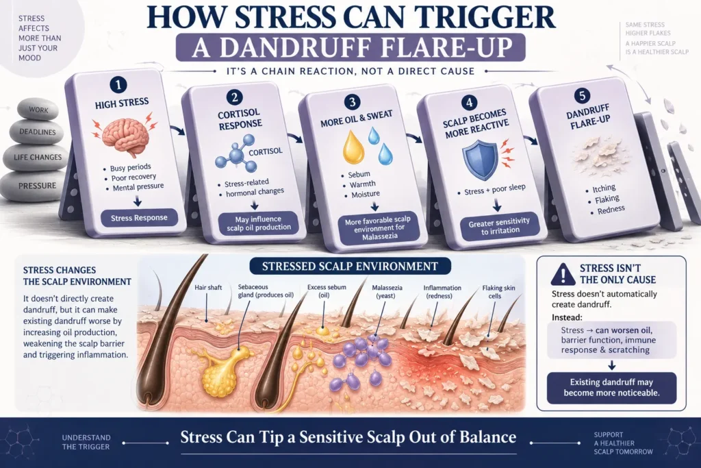 Does stress make dandruff worse infographic showing how stress, cortisol response, increased oil and sweat, scalp sensitivity, and inflammation can contribute to a dandruff flare-up.
