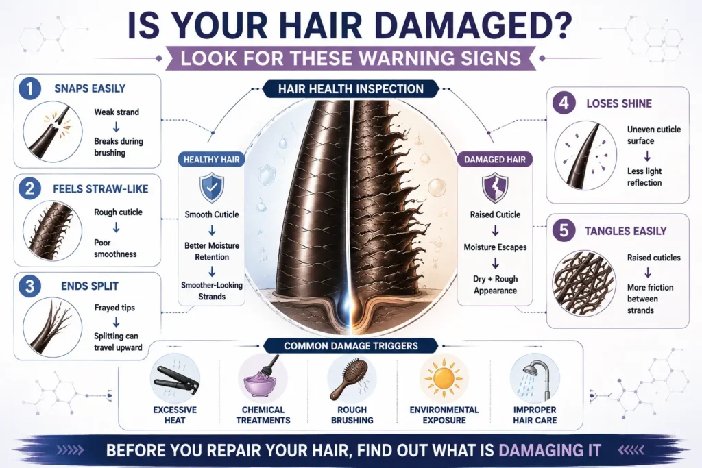 Repair damaged hair at home infographic showing signs of damaged hair including breakage, rough texture, split ends, dullness, tangles, and common hair damage causes.