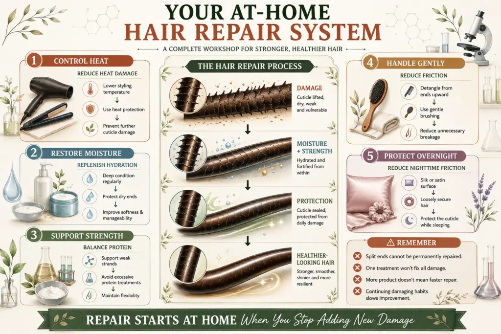 Repair damaged hair at home infographic showing a hair repair system with heat protection, moisture, protein balance, gentle handling, overnight protection, and realistic hair repair expectations.
